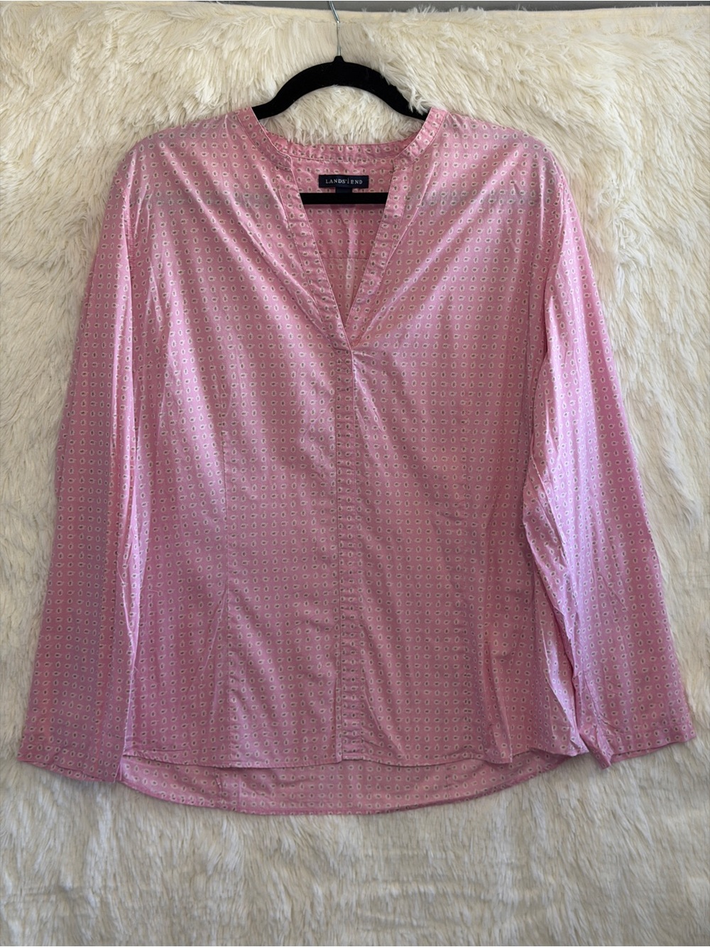 Land's End Womens Preppy Micro Geometric Split Neck Popover Blouse Size L Pink
